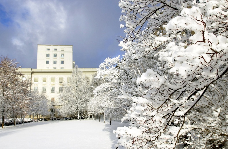 Winter auf dem Campus der HTW Dresden mit Z-Gebäude im Hintergrund